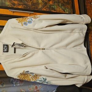 Bob Mackie Cream Fleece Bomber Jacket with Floral Embroidery